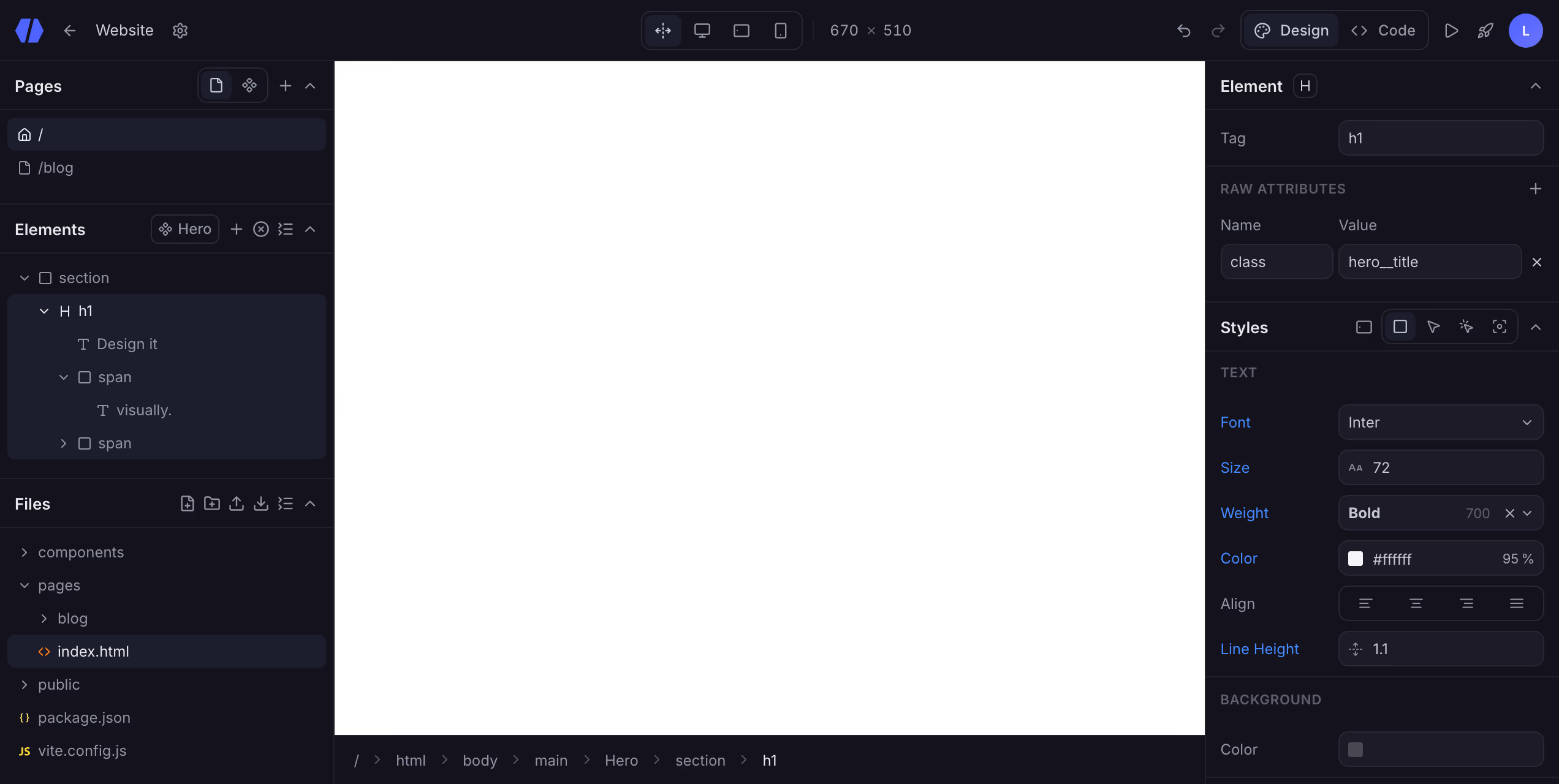 Lediv visual editor: pages, elements, files and live style panels