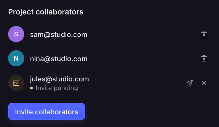 Project collaborators panel listing two people with access and one pending invite