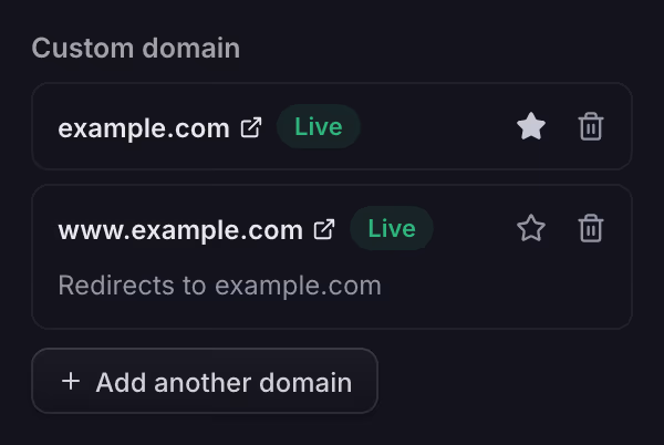 Publish panel serving the site at a connected custom domain marked Live