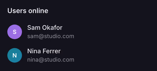 Users online panel showing two teammates in the project right now