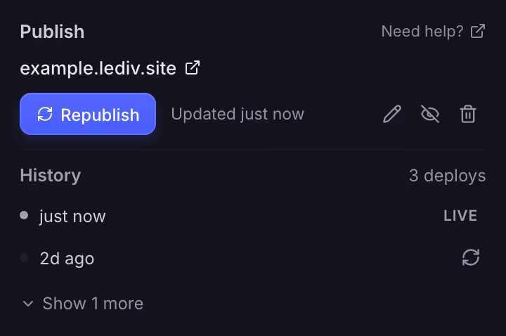 Publish panel showing a live site address and its deploy history