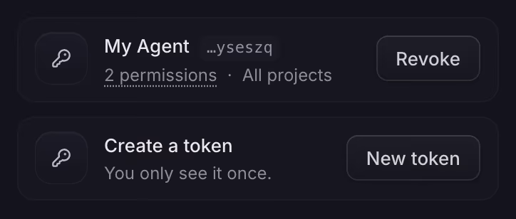 An access token with its permissions, its reach and a button to revoke it